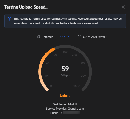 UI showing a network speed test result: download/upload gauge centered at 59 Mbps with an orange arc; test server Madrid, provider Grandstream, and public IP placeholder visible.