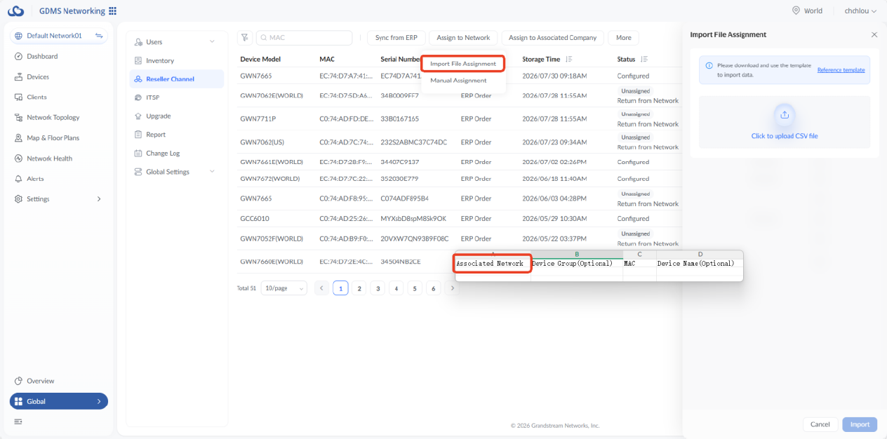 GDMS Networking dashboard showing a device list and an Import File Assignment flow with a modal to upload CSV templates.