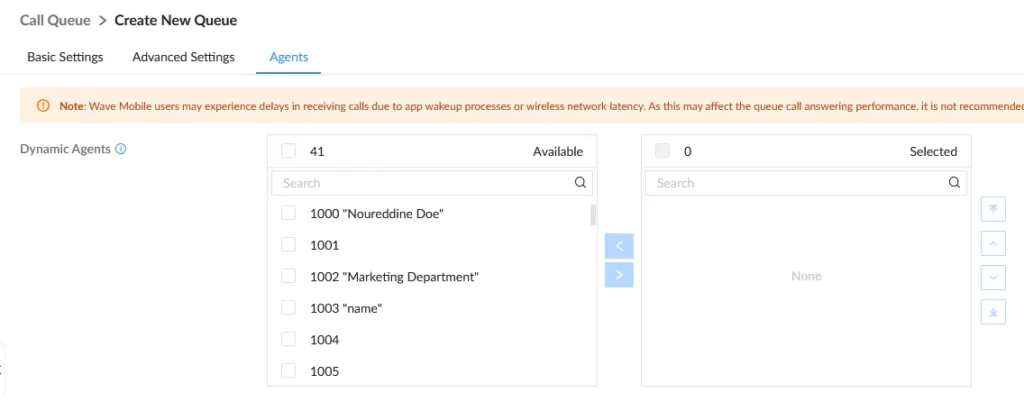 Screen showing 'Create New Queue' with Agents tab: left panel lists available dynamic agents (41) with IDs 1000–1005 and a search box; right panel shows 0 selected; between panels are add/remove arrows; notice banner about potential delays in Wave Mobile users.