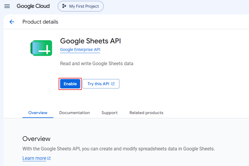 Enable Google Sheets API - Documentation Center