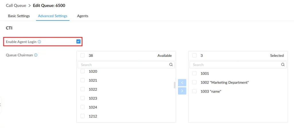 Call Queue Advanced Settings: Enable Agent Login is checked; two lists show available IDs (1020–1024, 1212) and selected IDs (1001, 1002 'Marketing Department', 1003 'name').