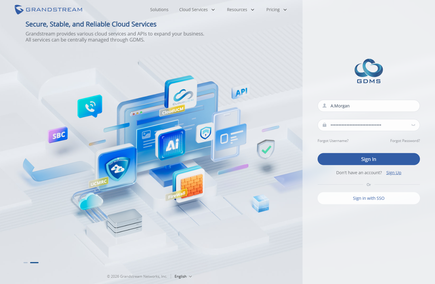 Left-side isometric cloud-services illustration with the heading “Secure, Stable, and Reliable Cloud Services”; right-side GDMS login panel shows username, password fields, and a Sign In button.
