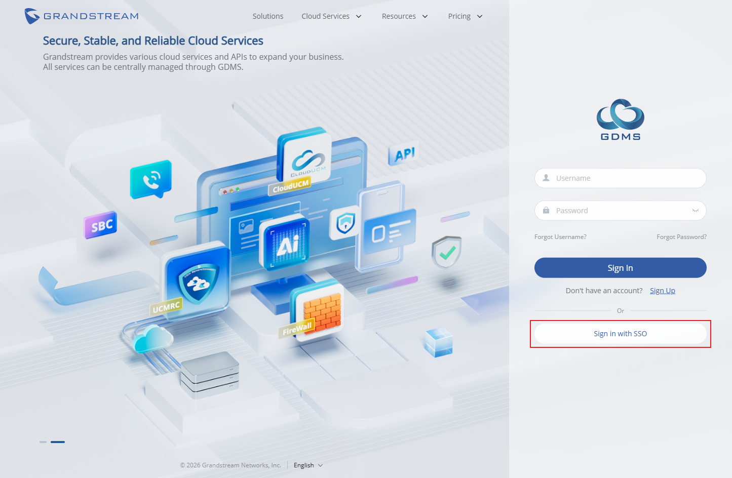 GDMS login page: cloud-themed hero on the left and a sign-in form on the right with username, password, and a 'Sign in with SSO' button.