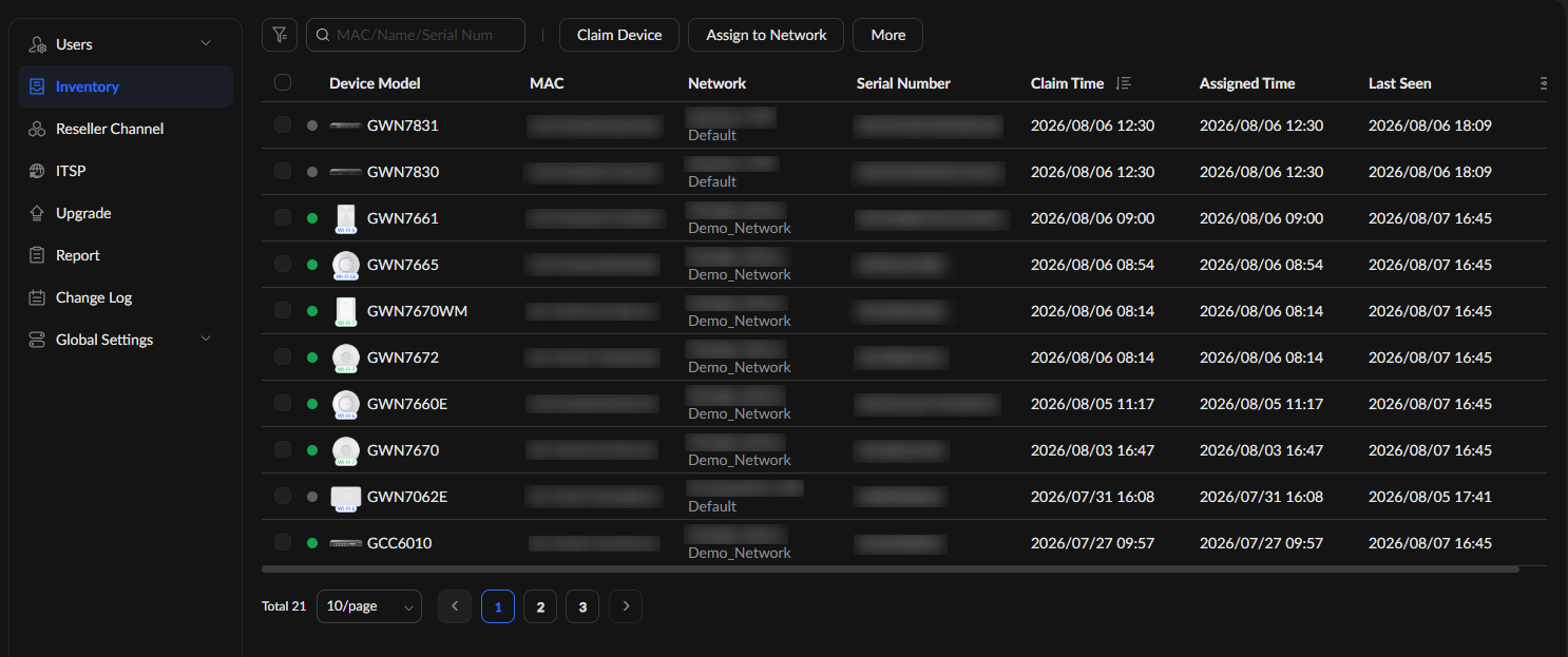 Dark admin Inventory table listing device models, MACs, networks, serials, and times; green online indicators.