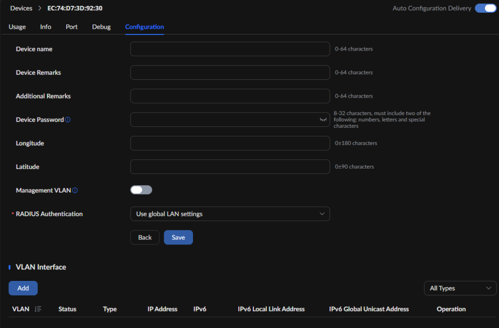 Dashboard-like configuration screen for a device showing fields: Device name, device remarks, additional remarks, device password, longitude/latitude, RADIUS authentication, VLAN settings, and Save button in a dark UI theme.