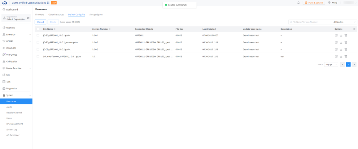 Resources page listing default config files with columns for name, version, models, size, and last updated.