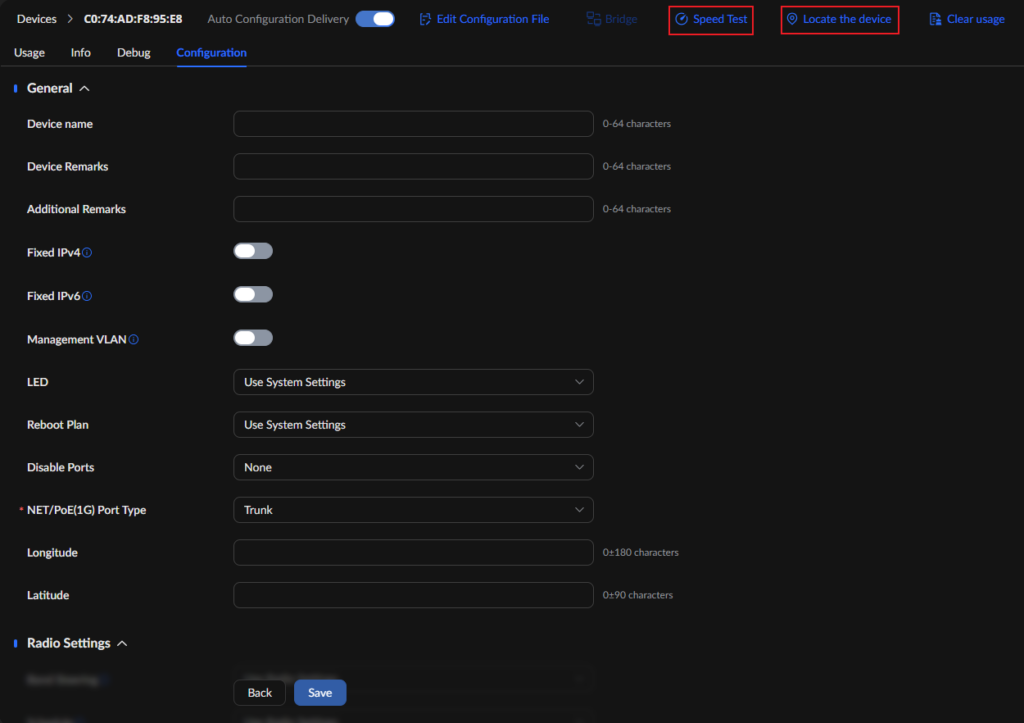 Dark device configuration page with top navigation; Speed Test and Locate the device are highlighted. The form shows General settings (device name, remarks, IPv4/IPv6 toggles, network options) and Radio Settings below.