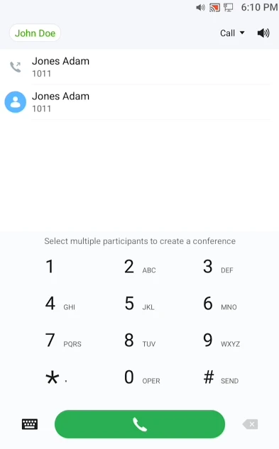 Mobile dialer screen showing contact list with John Doe at top and two Jones Adam entries, plus a full numeric keypad and a green call button
