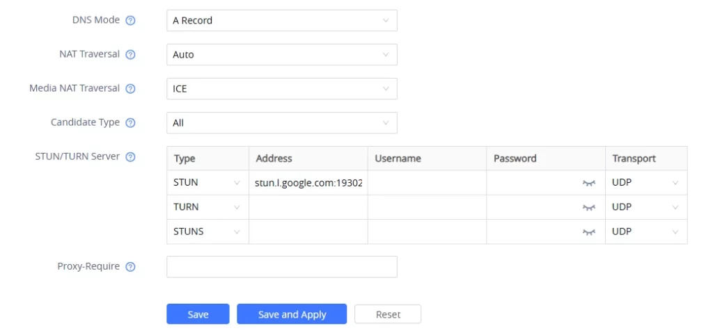 Configuration panel for DNS and NAT traversal with a STUN/TURN server table and Save options