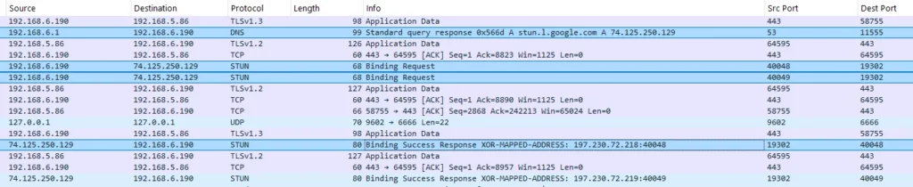 Screenshot of a network packet capture listing Source/Destination IPs, Protocol, Length, and Info (DNS, TLS 1.3, TCP, STUN, UDP); shows bindings and responses with ports.