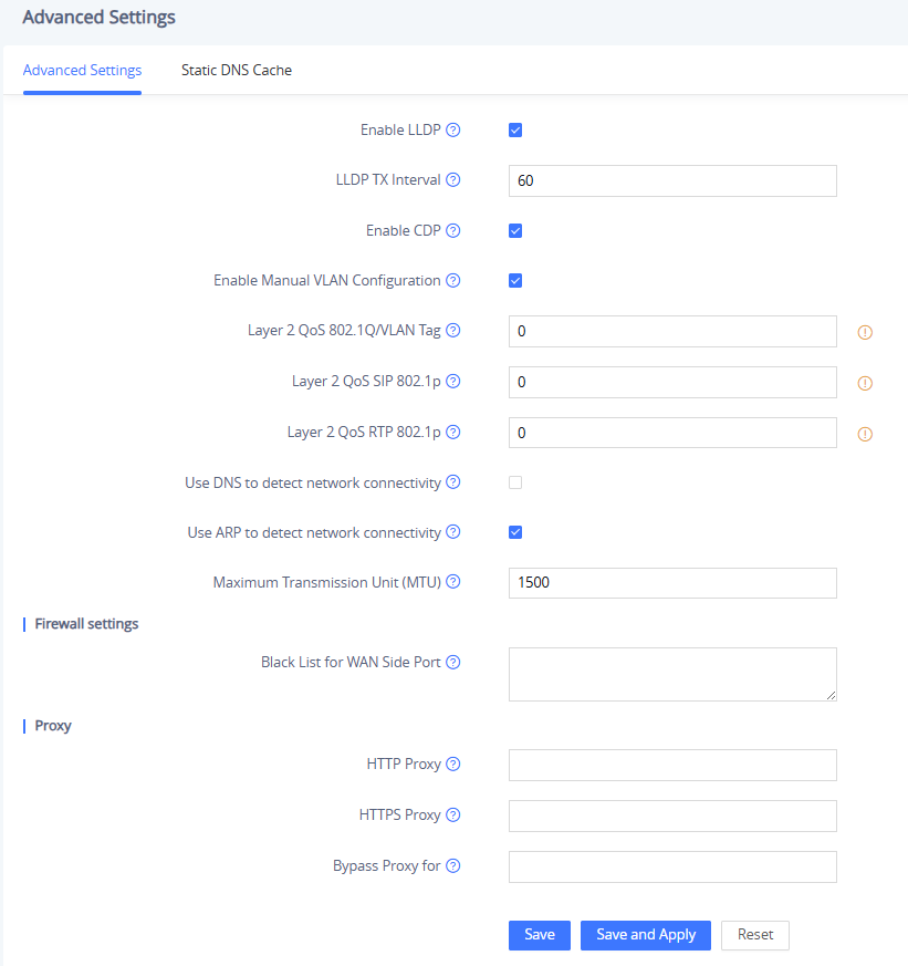 HT80X V2 Network Settings Advanced Settings - Documentation Center Advanced Settings panel for a network device showing LLDP/CDP toggles, VLAN, QoS, ARP option, MTU, and Save controls