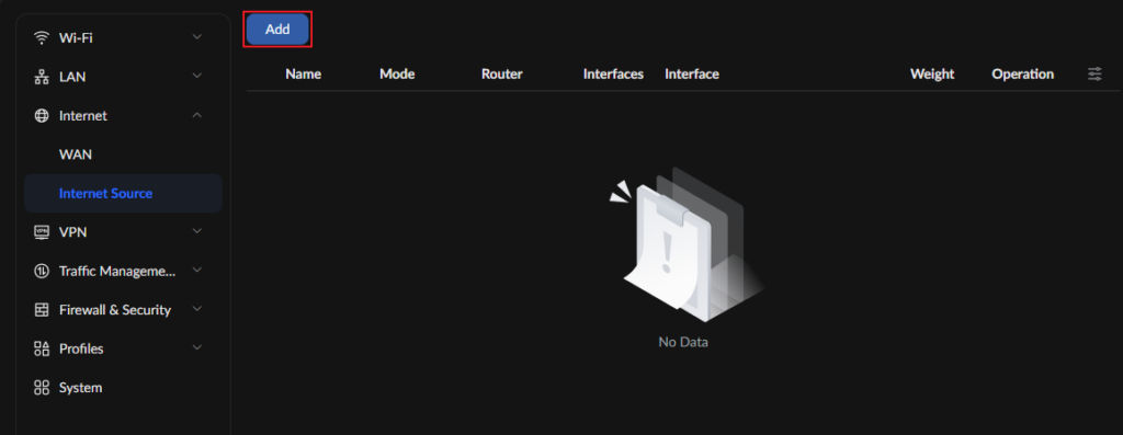 Dark admin dashboard screen showing Internet Source section with a highlighted Add button and a center illustration reading 'No Data'