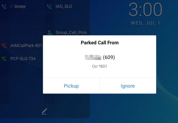 Phone screen showing a parked call alert from a masked number (On *801) with two options: Pickup and Ignore.