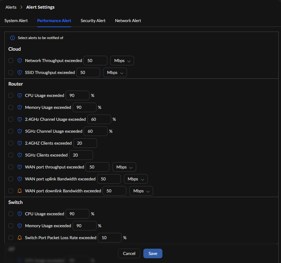 Alert Settings panel showing Performance alerts with sections for Cloud, Router, and Switch; each row has a checkbox, threshold value, and unit selector (e.g., Network Throughput exceeded, CPU Usage exceeded, WAN port bandwidth).