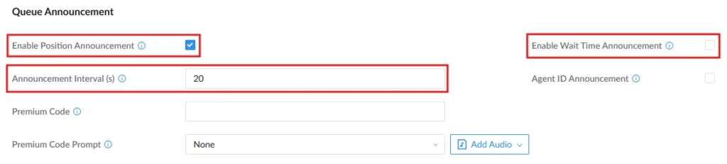 Queue Announcement settings: Position announcements enabled, Wait Time announcements disabled; interval 20s; Premium Code fields below.