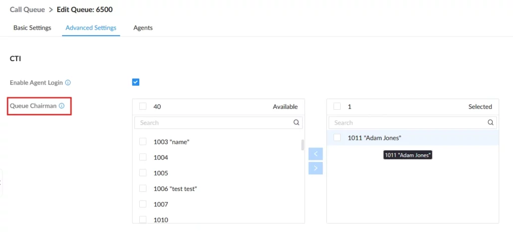Queue Chairman control in Advanced Settings: move user 1011 Adam Jones from Available to Selected with search boxes visible.
