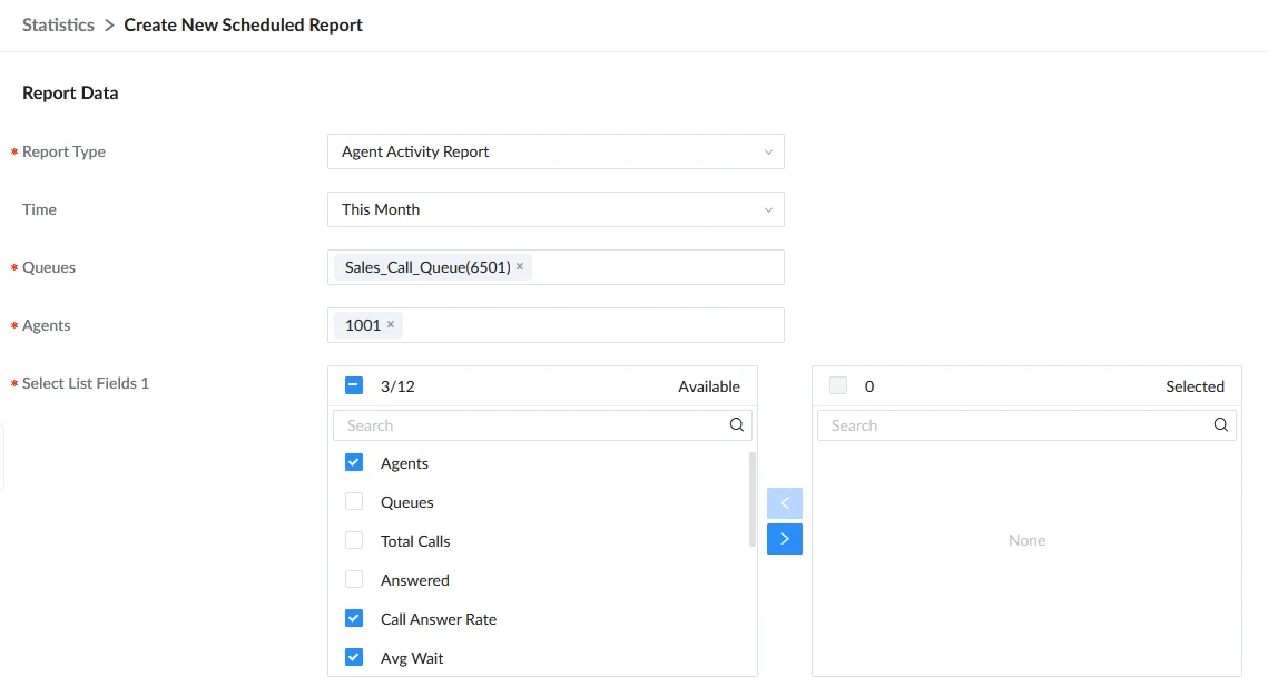 Form to create a new scheduled report with fields for Report Type, Time, Queues, Agents, and List Fields.