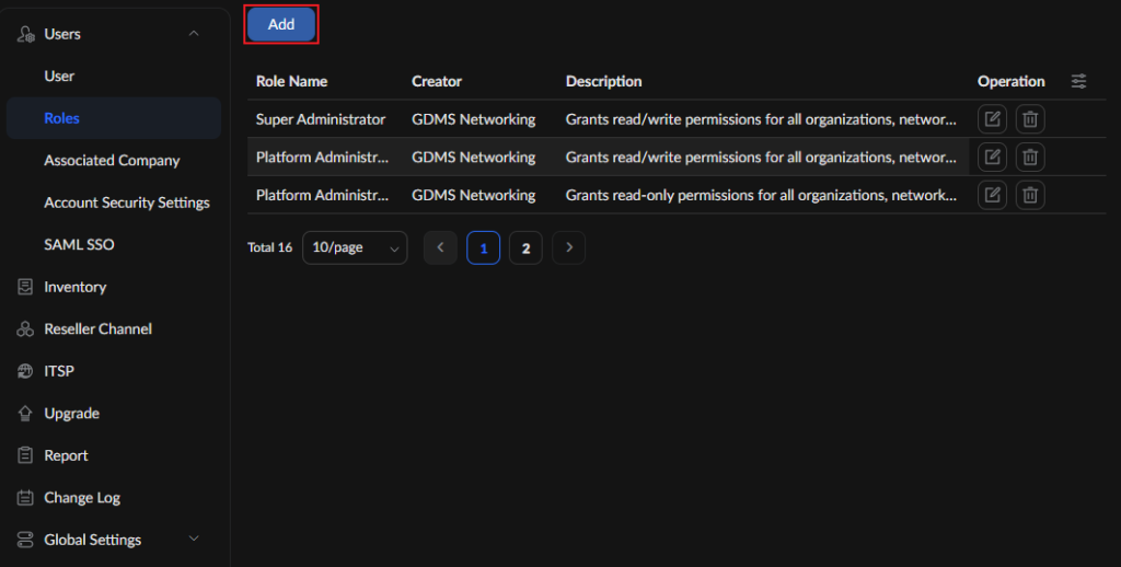 Roles management page with an Add button and a table of roles including creator and description fields, plus edit/delete actions and pagination.