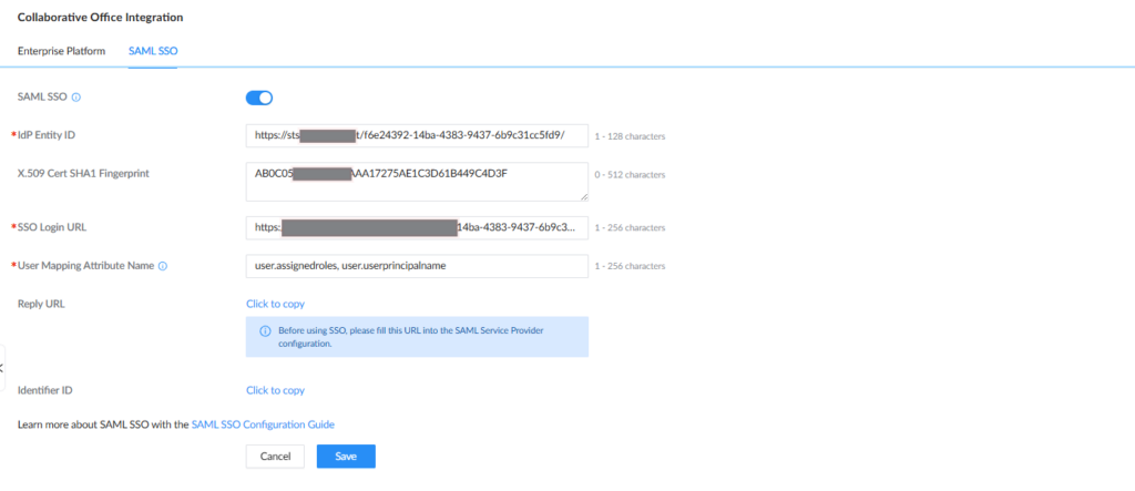 SAML SSO values - Documentation Center