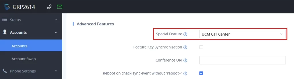 Advanced Features panel in a settings UI showing Special Feature set to UCM Call Center with a red outline around the dropdown (Accounts page visible in left nav). on-screen controls include Feature Key Synchronization and Reboot options.