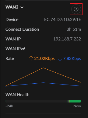 WAN2 status panel with the reconnect/refresh button highlighted in the top-right corner.