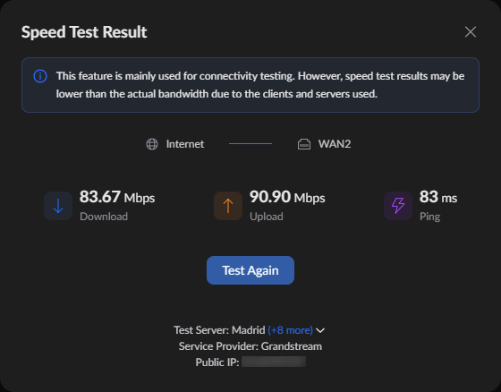 Speed test result dialog: Internet tab, Download 83.67 Mbps, Upload 90.90 Mbps, Ping 83 ms, Madrid server, Grandstream provider, IP hidden.