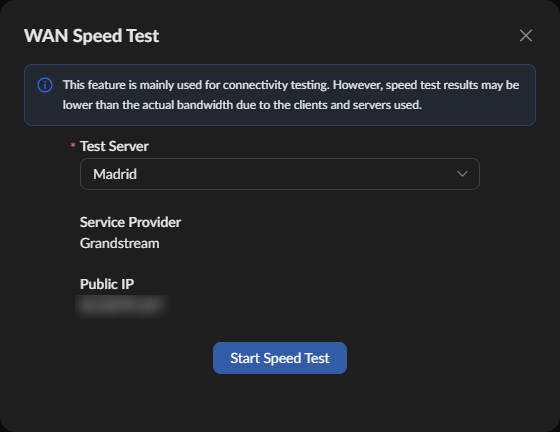 WAN Speed Test modal on a dark screen showing Madrid server, Grandstream provider, a blurred public IP, and a blue Start Speed Test button.