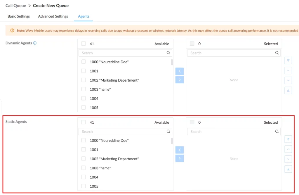 Interface for creating a queue: Dynamic and Static Agents with two panes (Available/Selected) and move arrows; shows agent IDs and search fields.