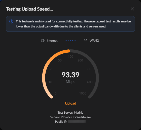 Upload speed test result: 93.39 Mbps shown on a dark gauge, Madrid server, Grandstream provider, IP hidden.