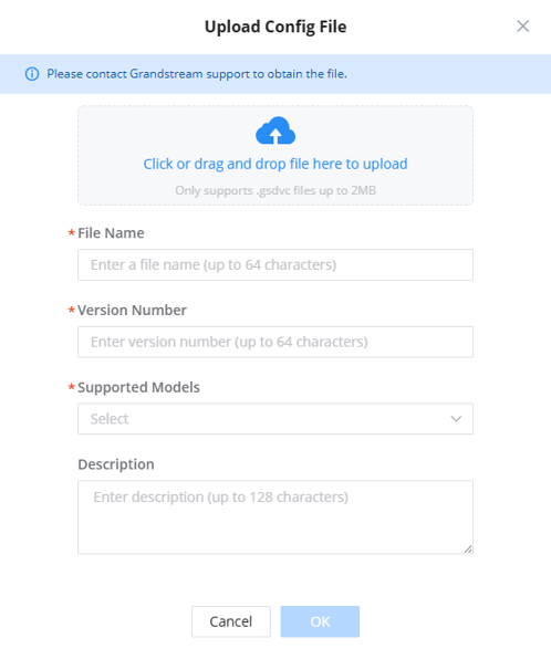 Upload Config File dialog with drag-and-drop area and form fields (File Name, Version Number, Supported Models, Description) and Cancel/OK buttons.