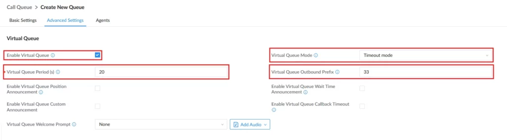 Advanced Settings: Create New Queue — Virtual Queue settings with Enable checked, period 20s, mode 'Timeout mode', outbound prefix 33, and options for announcements and welcome prompt.