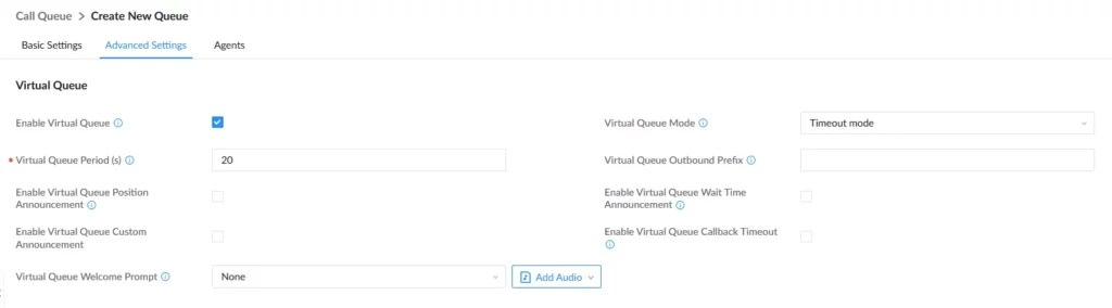 Advanced Settings: Virtual Queue enabled (period 20s), mode Timeout; no position or custom announcements; fields for outbound prefix and welcome prompt; Add Audio button.