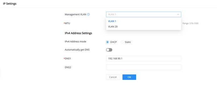 gwn772x-ip-settings-dhcp-mtu - Documentation Center GWN772x IP Settings page showing Management VLAN, DHCP, and MTU options