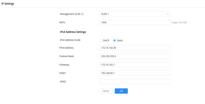 gwn772x-ip-settings-static-mtu - Documentation Center GWN772x IP Settings page showing static IPv4, DNS, and MTU fields