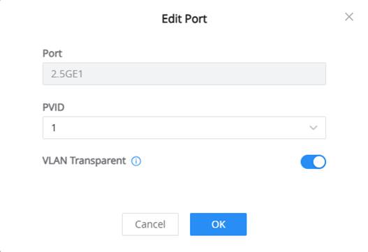 gwn772x-vlan-transparent-edit-port - Documentation Center GWN772x 802.1Q PVID Settings showing the VLAN Transparent option