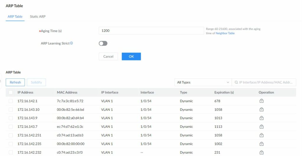 GWN7806PH Pro ARP Table showing aging time, strict ARP learning, and learned entries