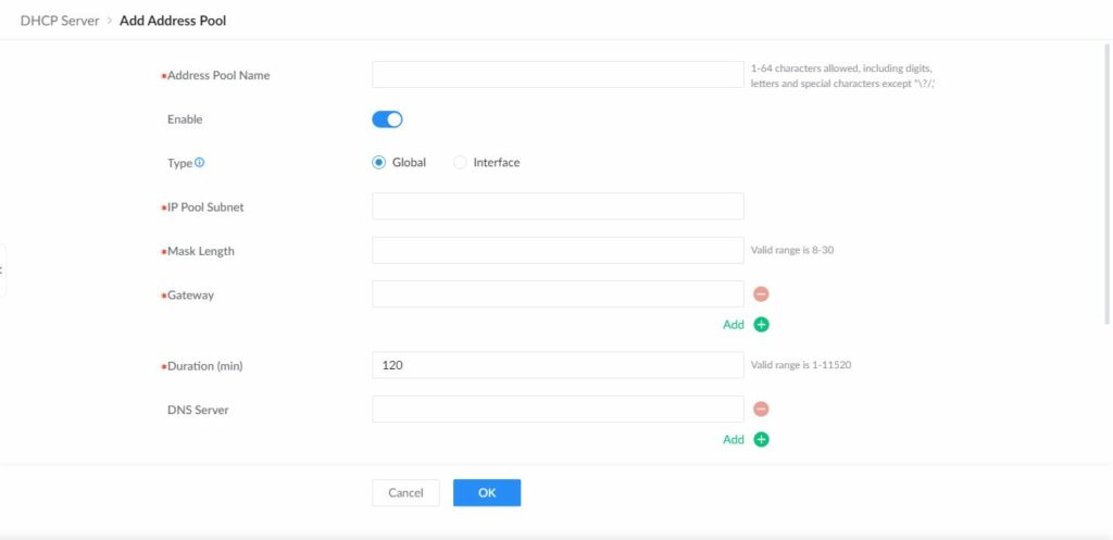 GWN7806PH Pro form for adding a DHCP address pool