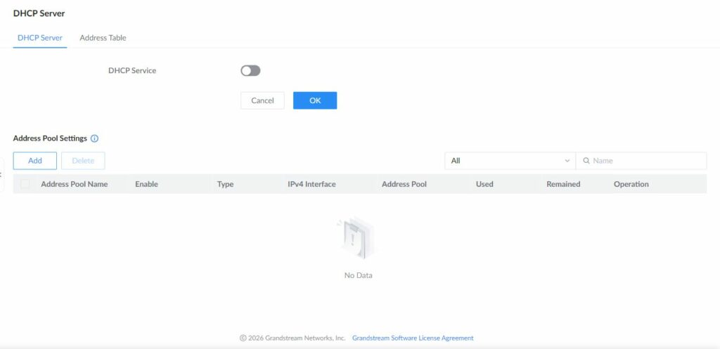 GWN7806PH Pro DHCP Server page showing global settings and address pools