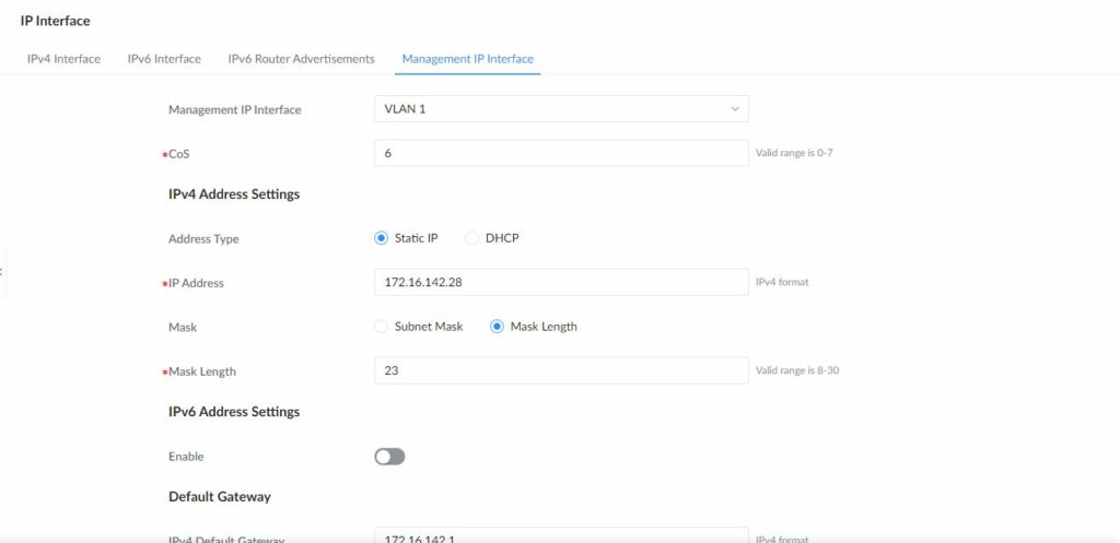 GWN7806PH Pro management IP interface settings showing the Class of Service field