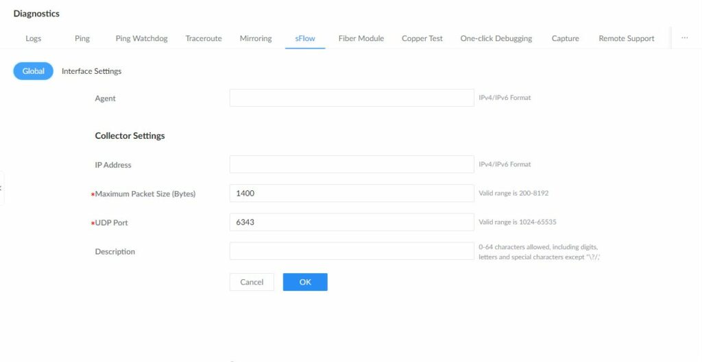 GWN7806PH Pro sFlow global settings for the agent and collector