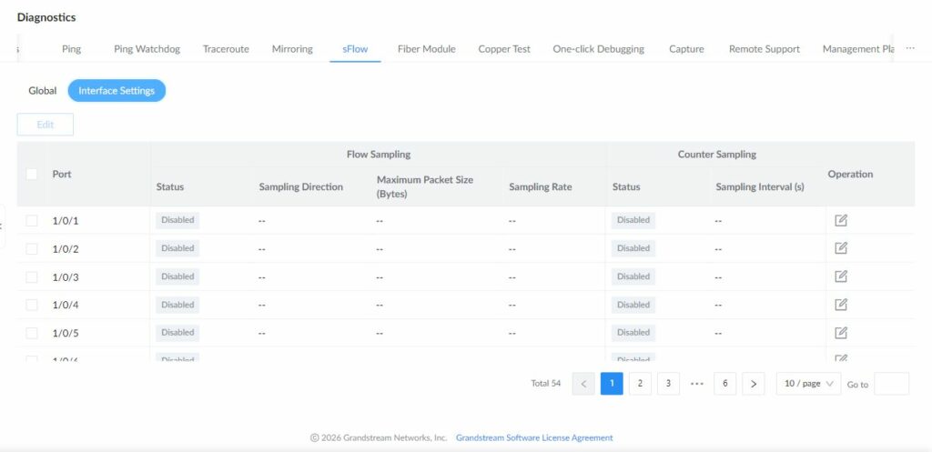 GWN7806PH Pro sFlow per-interface flow and counter sampling settings