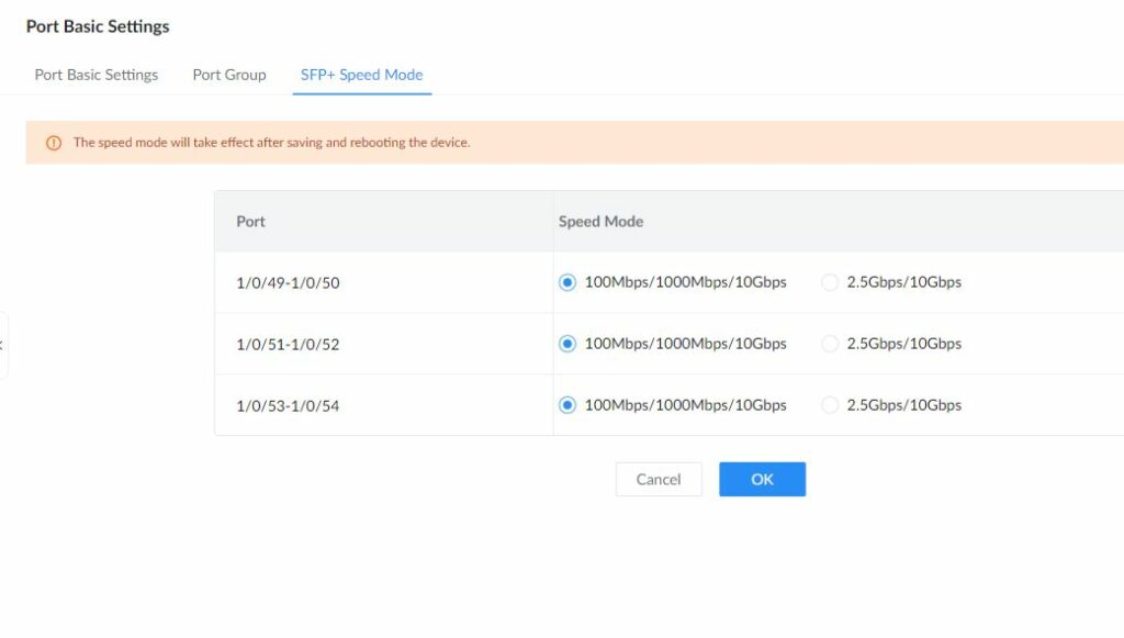 GWN7806PH Pro Port Basic Settings showing the selectable 2.5 Gbps and 10 Gbps SFP+ speed modes