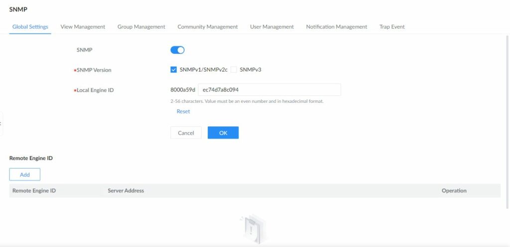 GWN7806PH Pro SNMP global settings and version selection