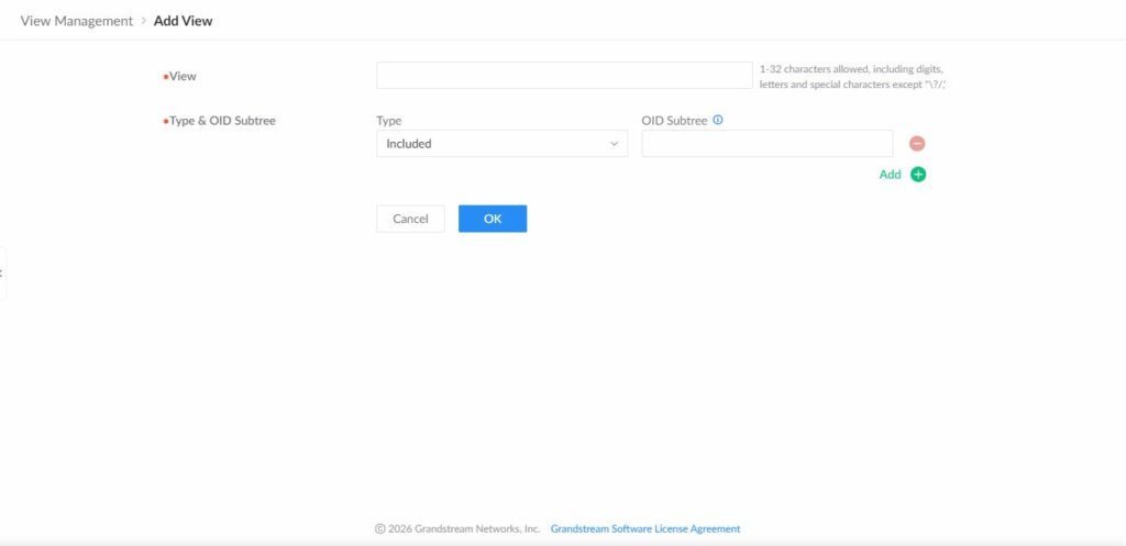 GWN7806PH Pro form for adding an SNMP MIB view and OID subtree