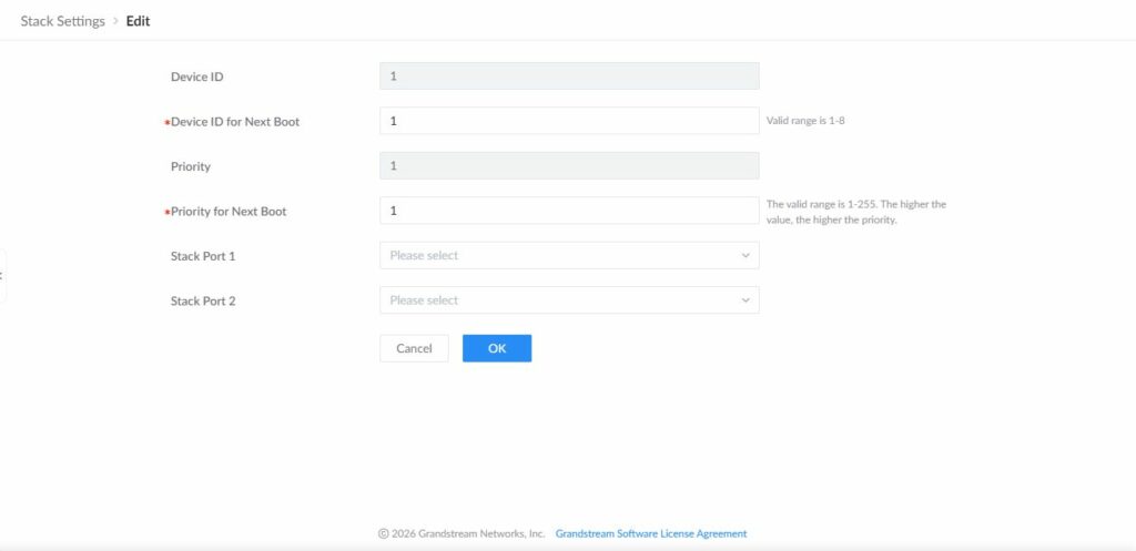 GWN7806PH Pro stack member settings showing device ID, priority, and stack ports