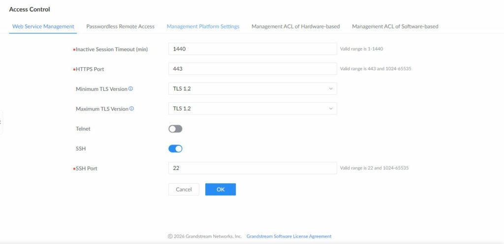 GWN7806PH Pro Web Service Management settings for HTTPS, TLS, Telnet, and SSH