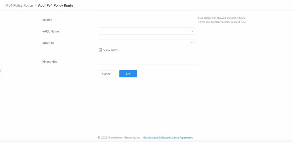 GWN7806PH Pro Add IPv4 Policy Route page showing Name, ACL Name, Rule ID, View rules, and Next Hop