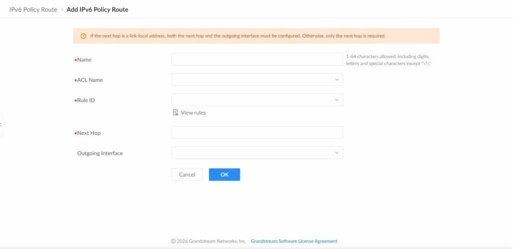 GWN7806PH Pro Add IPv6 Policy Route page showing Name, ACL Name, Rule ID, Next Hop, and Outgoing Interface