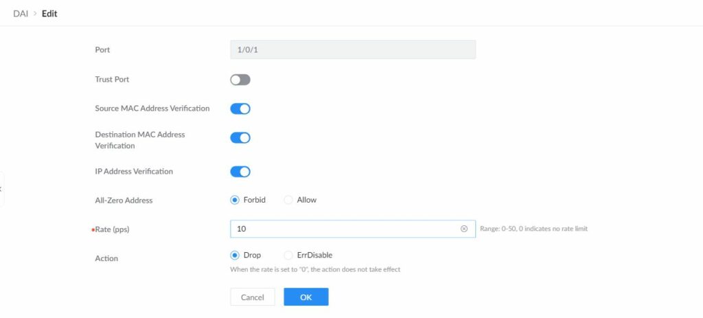 GWN7806PH Pro DAI port editor showing MAC and IP verification, all-zero address policy, rate, and action