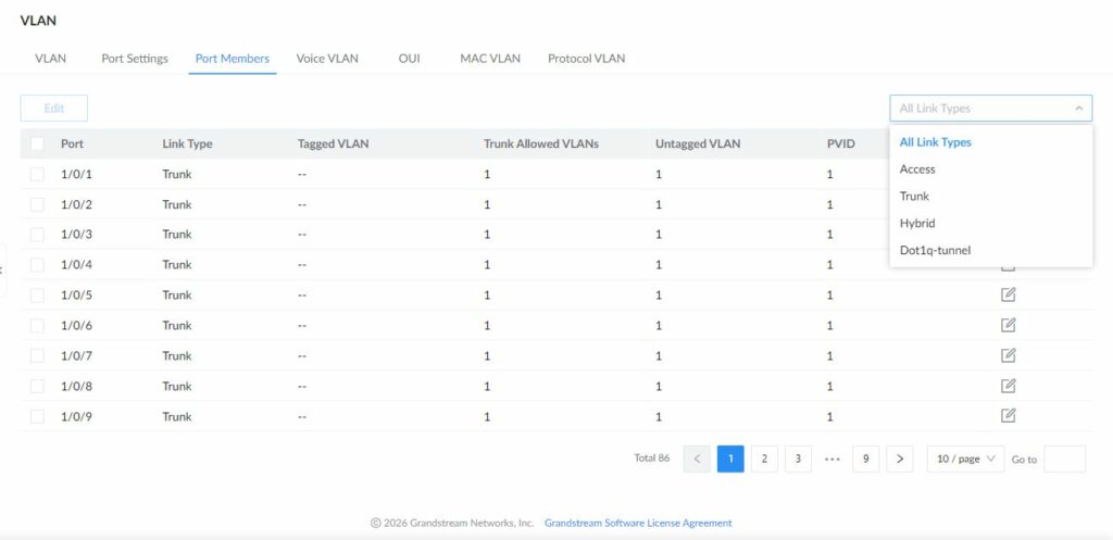 GWN7806PH Pro VLAN Port Members showing the Link Type filter with Dot1q-tunnel